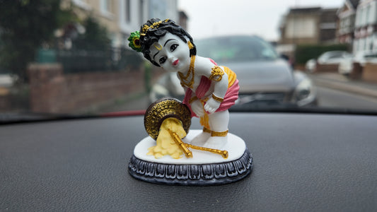 Divine Baby Krishna Idol with Butter Pot – Decorative Figurine for Car Dashboard & Home Temple