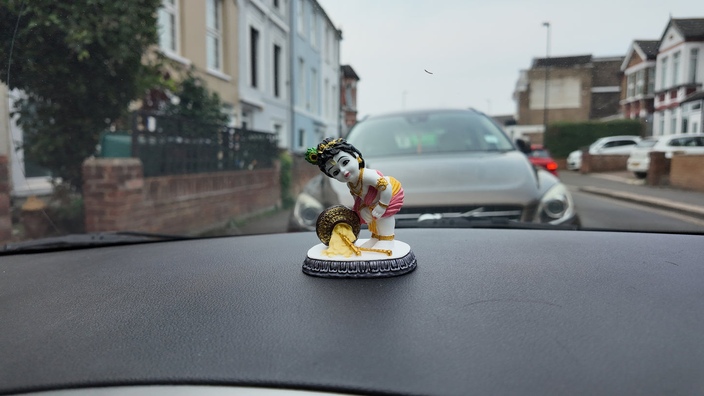 Divine Baby Krishna Idol with Butter Pot – Decorative Figurine for Car Dashboard & Home Temple