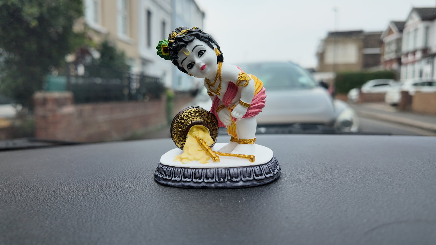 Divine Baby Krishna Idol with Butter Pot – Decorative Figurine for Car Dashboard & Home Temple